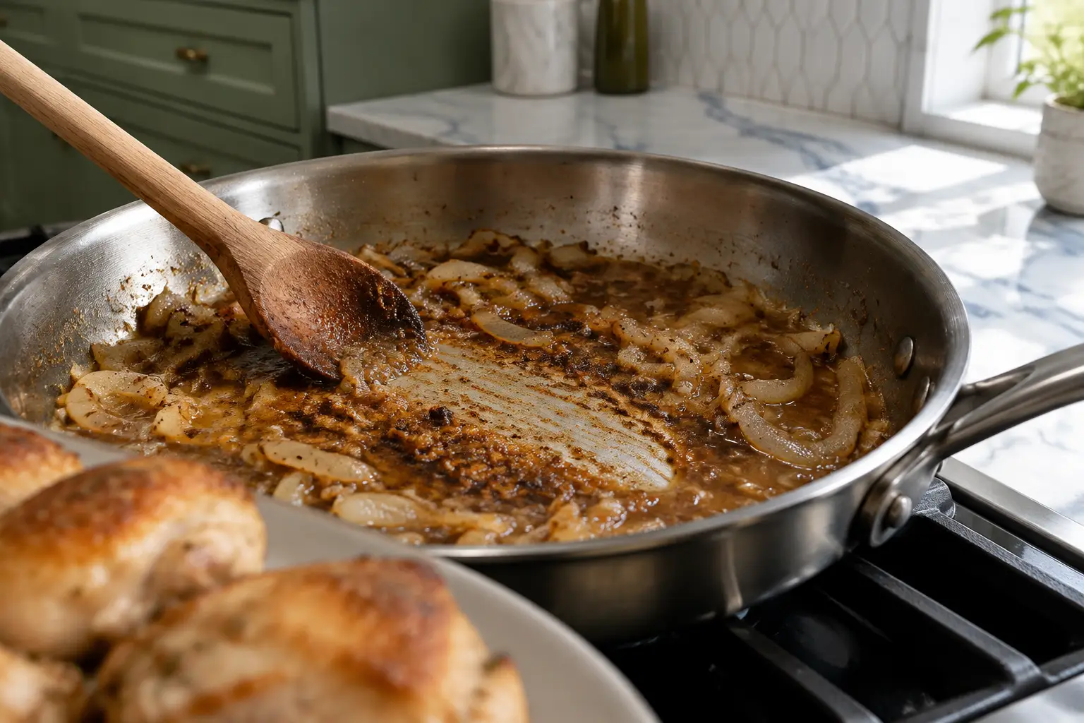 Wooden spoon loosening browned fond into stock around softened onions in a stainless-steel pan.