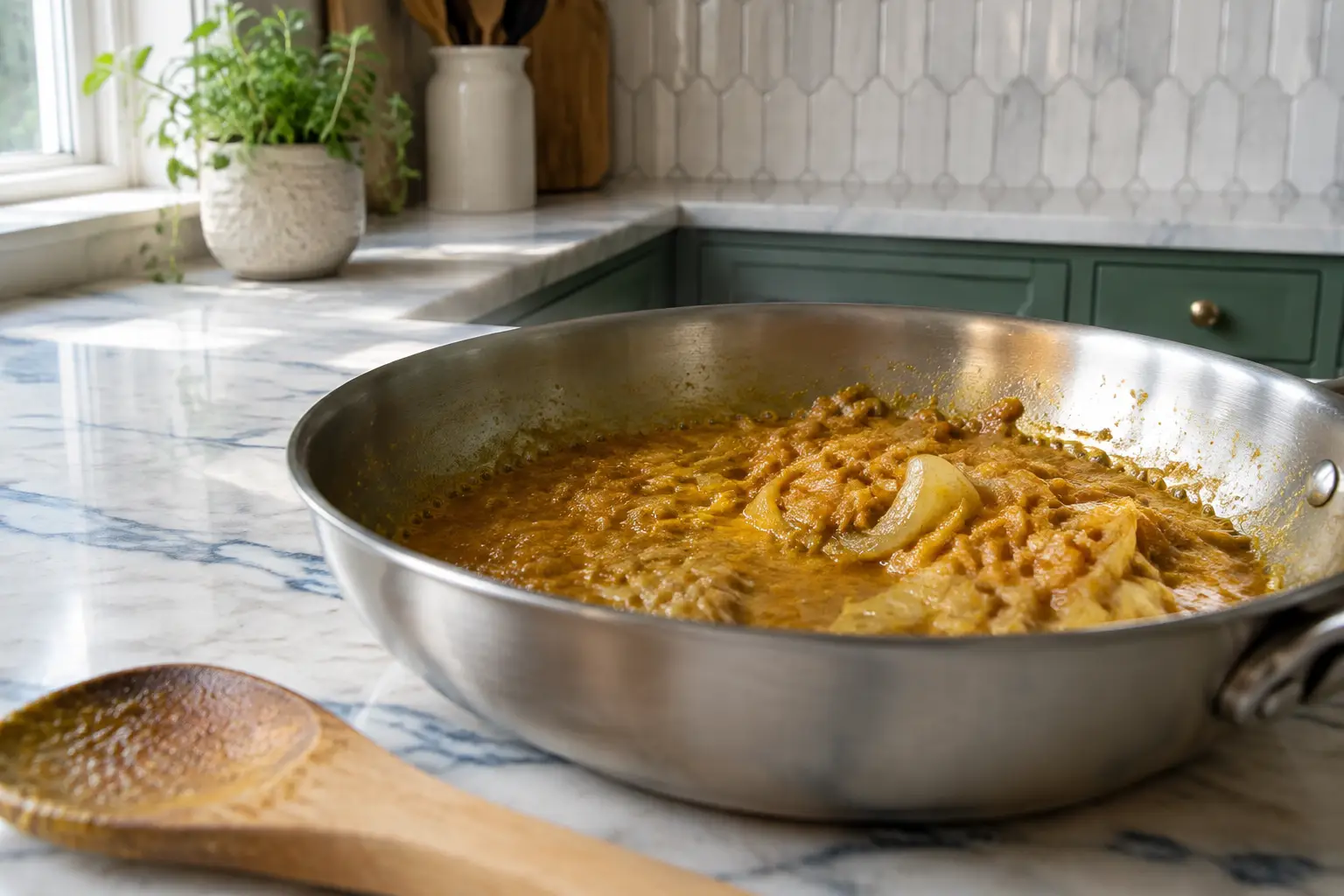 Golden curry paste bubbling gently around softened onions without blackened patches.