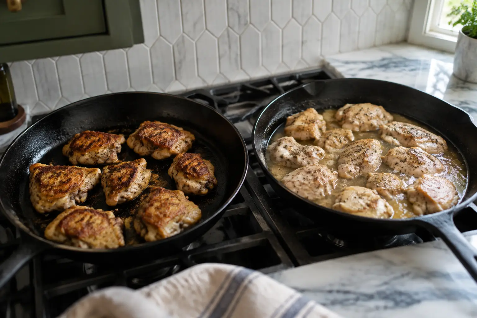 Spaced chicken browning in one skillet beside crowded, pale chicken sitting in liquid in another.