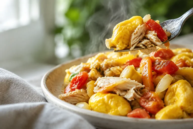 Ackee and saltfish recipe with a lifted forkful of tender ackee, flaky cod, tomato, and sweet pepper