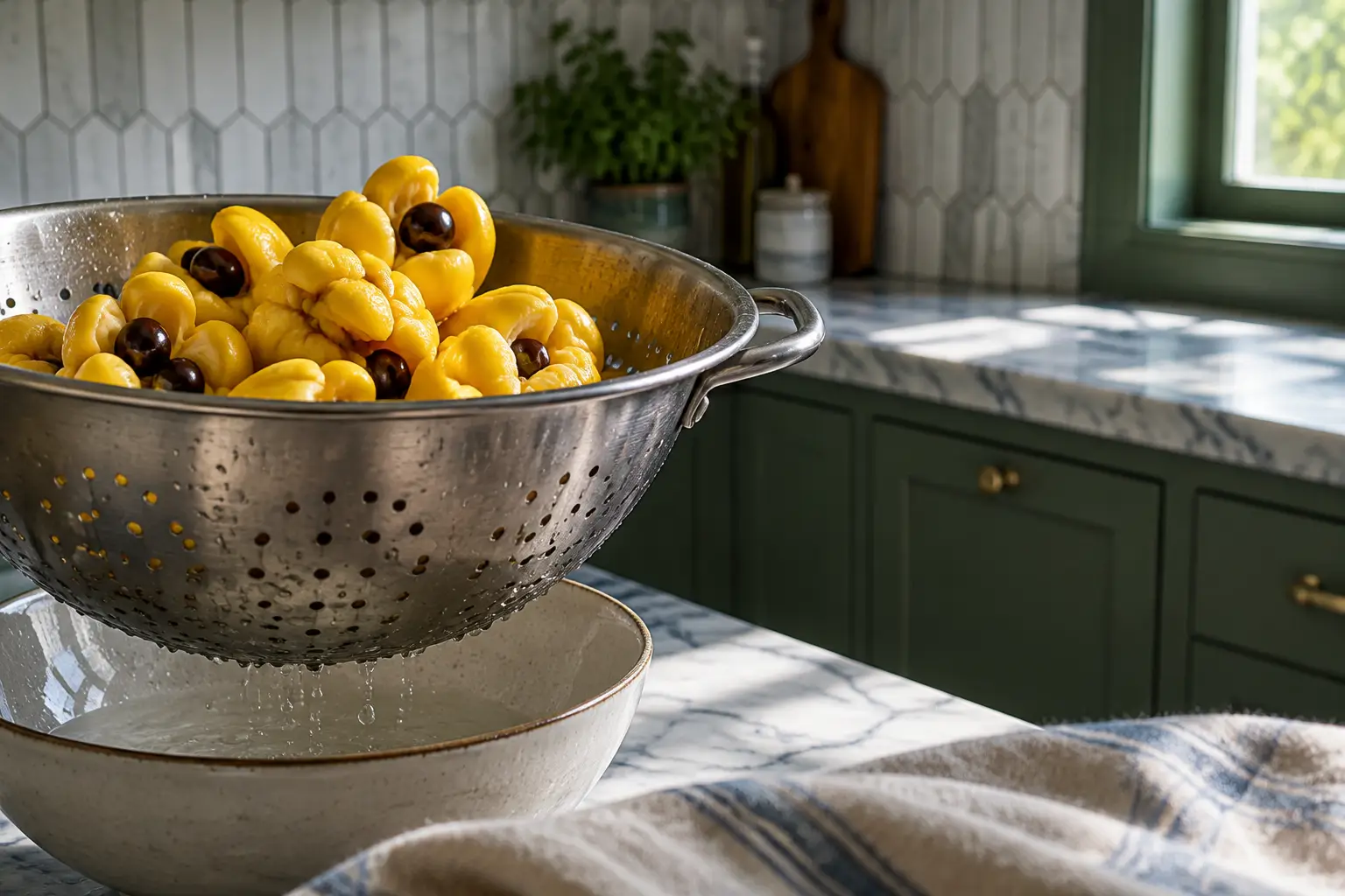 Drained canned ackee resting in a colander with its soft golden pieces intact