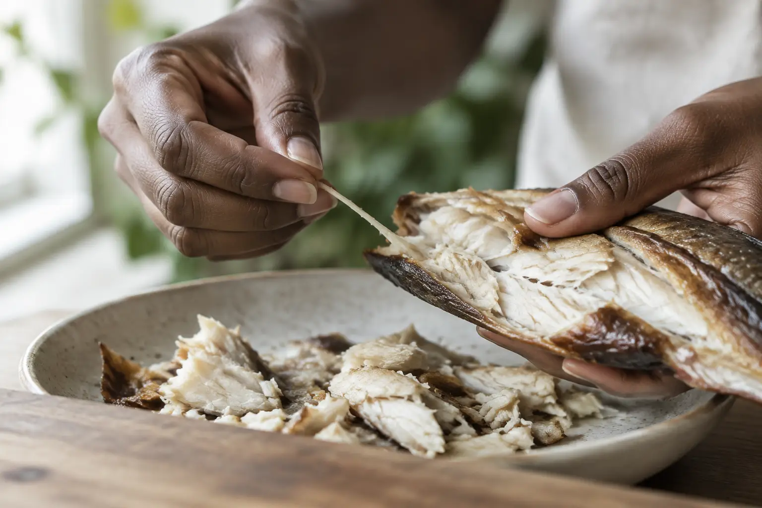 Hands removing a small bone while breaking prepared saltfish into bite-size flakes