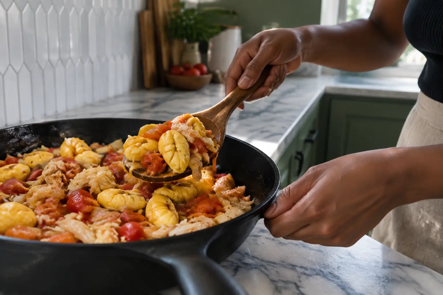 A broad spoon gently folding canned ackee through saltfish and softened vegetables