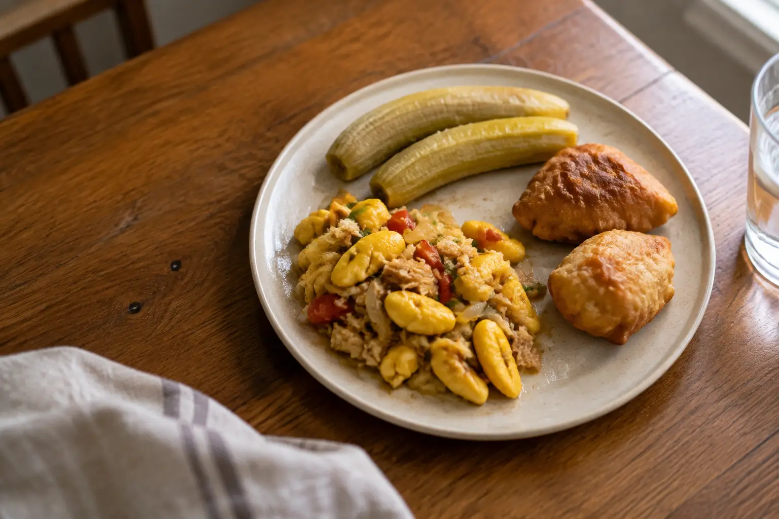 Ackee and saltfish served with boiled green banana and golden fried dumplings