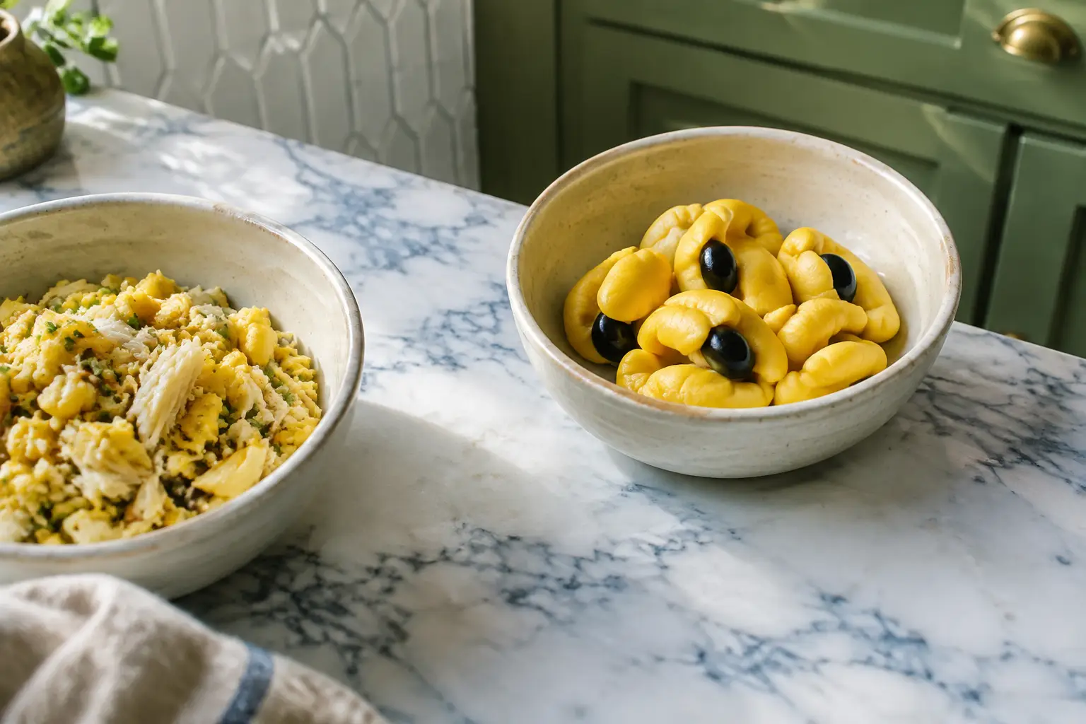 Two bowls contrast intact ackee pieces with over-stirred ackee mashed around the saltfish